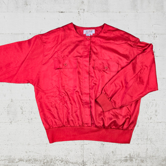 80s Vintage Bright Cherry Red Hidden Button Crewneck Bomber Jacket Size 2X - Picture 4 of 8